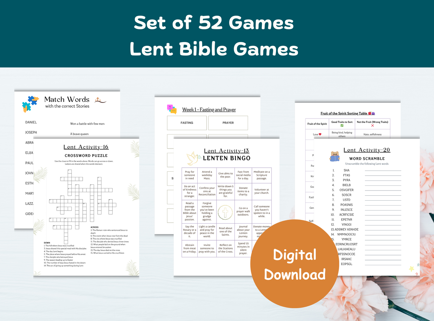 Set of 52 Printable Lent Bible Games | Christian Group/ Family Activities