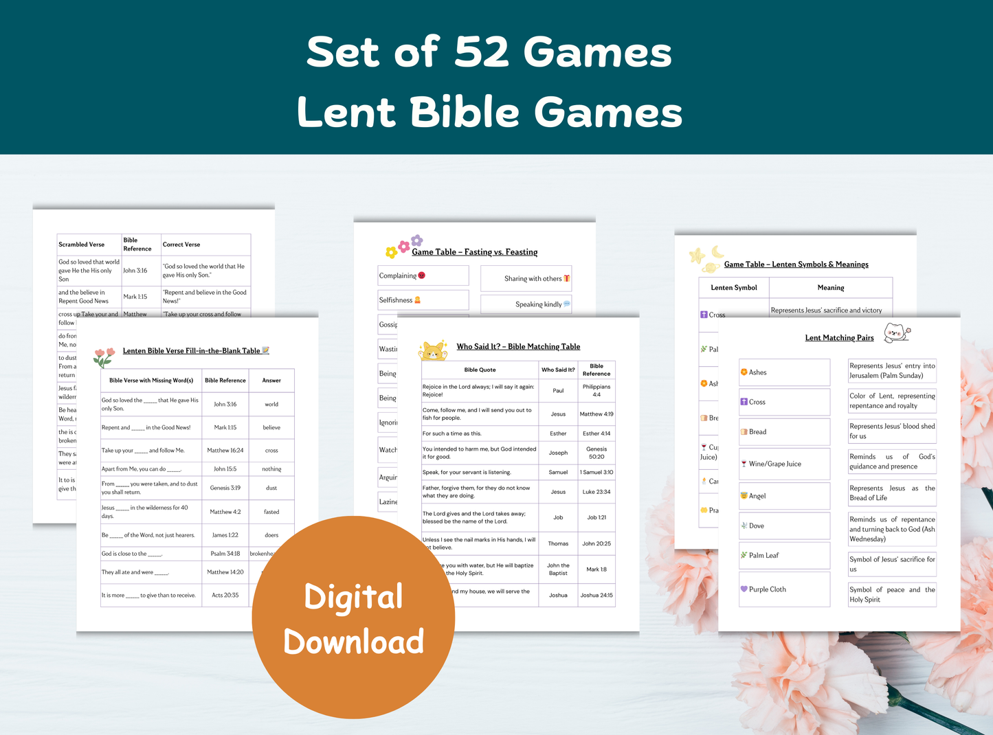Set of 52 Printable Lent Bible Games | Christian Group/ Family Activities