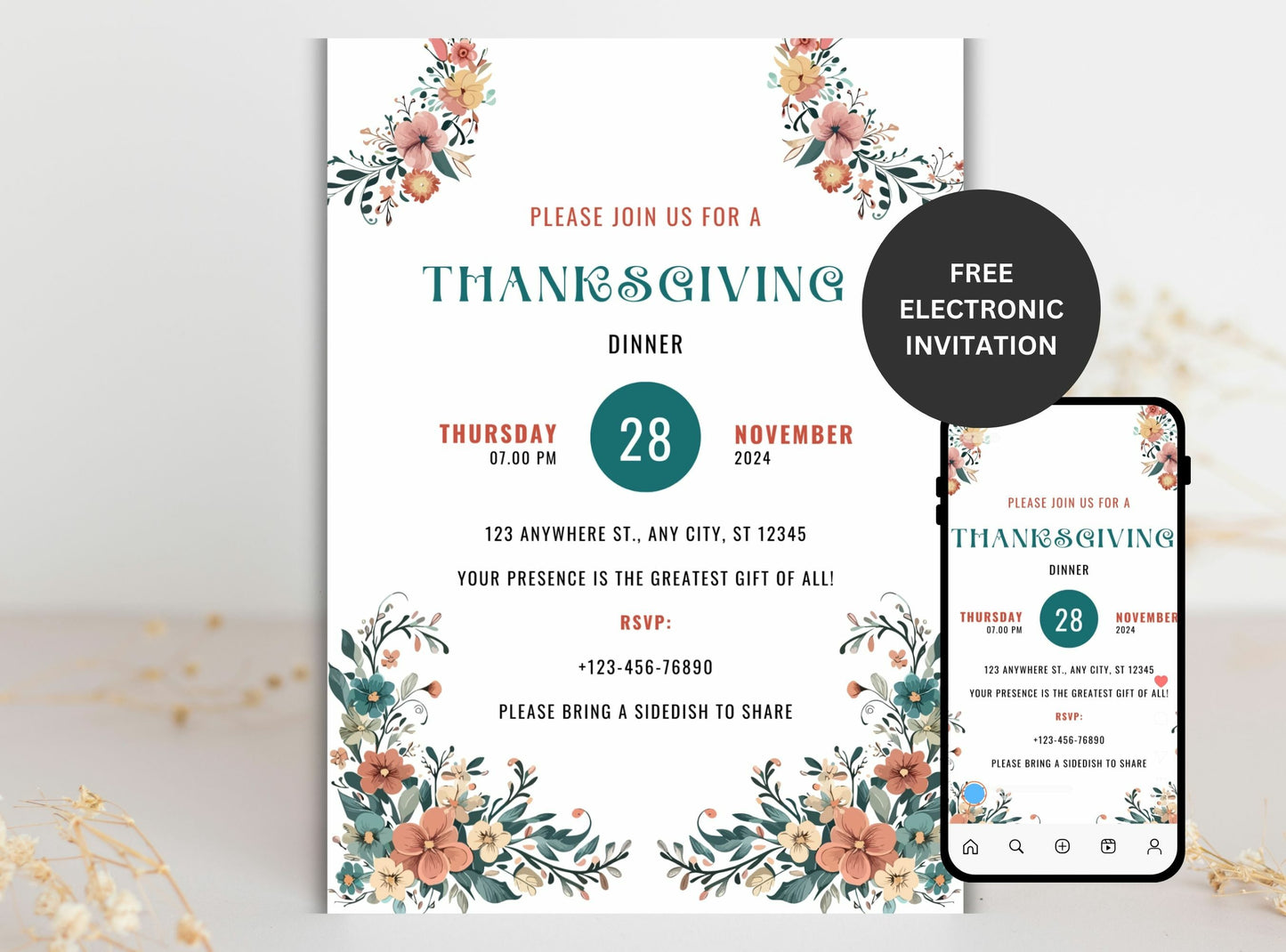 Editable Thanksgiving Invitation Template 22 | Custom Canva Design for Family