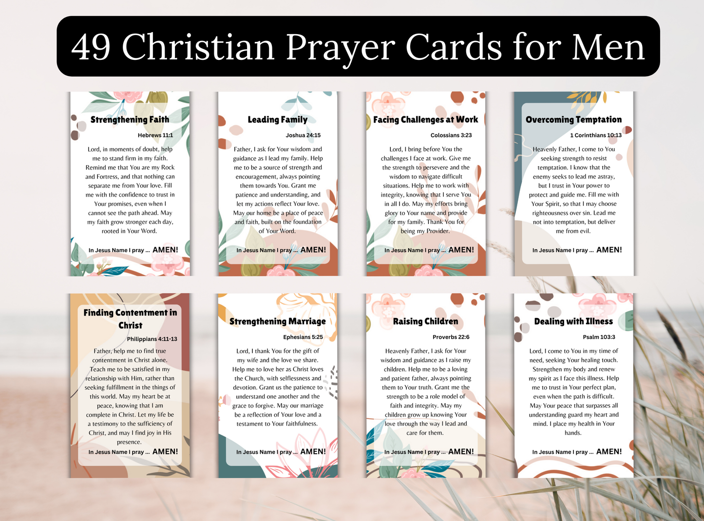 49 Christian prayer cards for men, featuring scripture-based prayers for daily strength, guidance, and spiritual reflection.