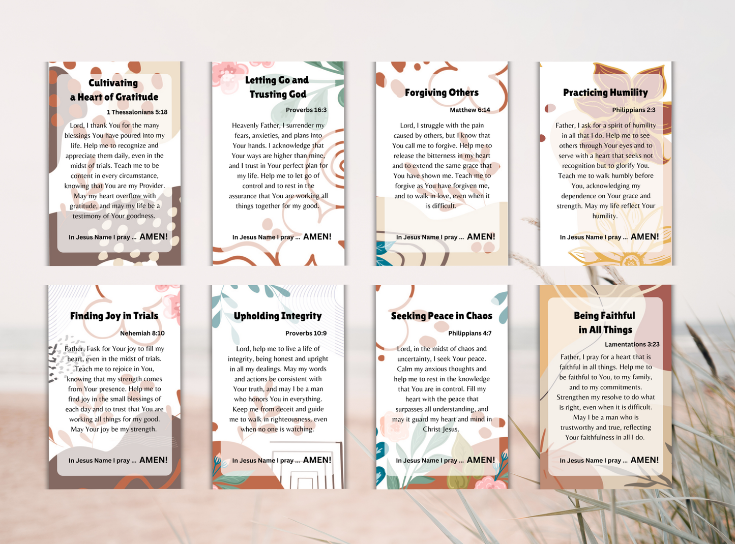 49 Christian prayer cards for men, featuring scripture-based prayers for daily strength, guidance, and spiritual reflection.