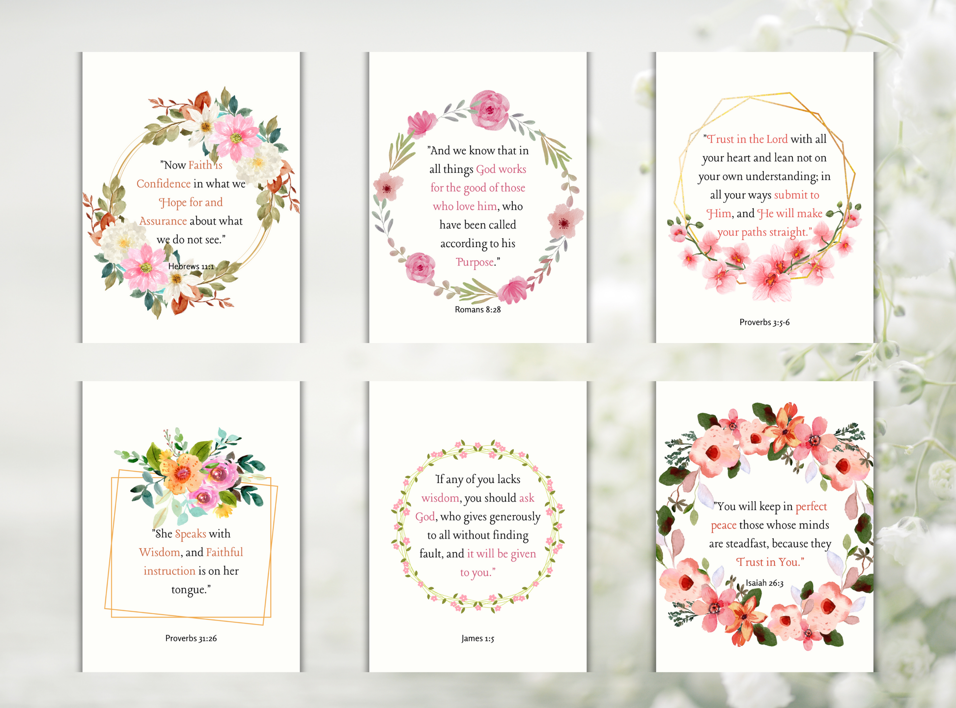 Collection of 50 printable Christian wall decor designs for women, featuring inspirational Bible verses and feminine floral designs