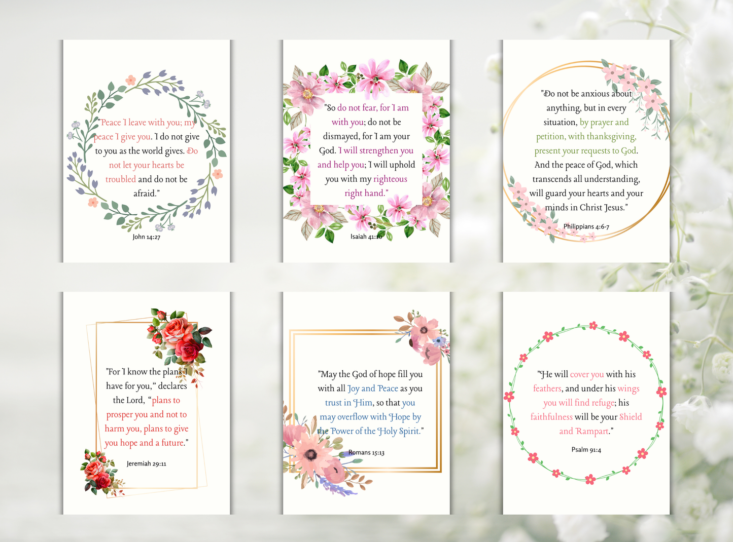 Collection of 50 printable Christian wall decor designs for women, featuring inspirational Bible verses and feminine floral designs