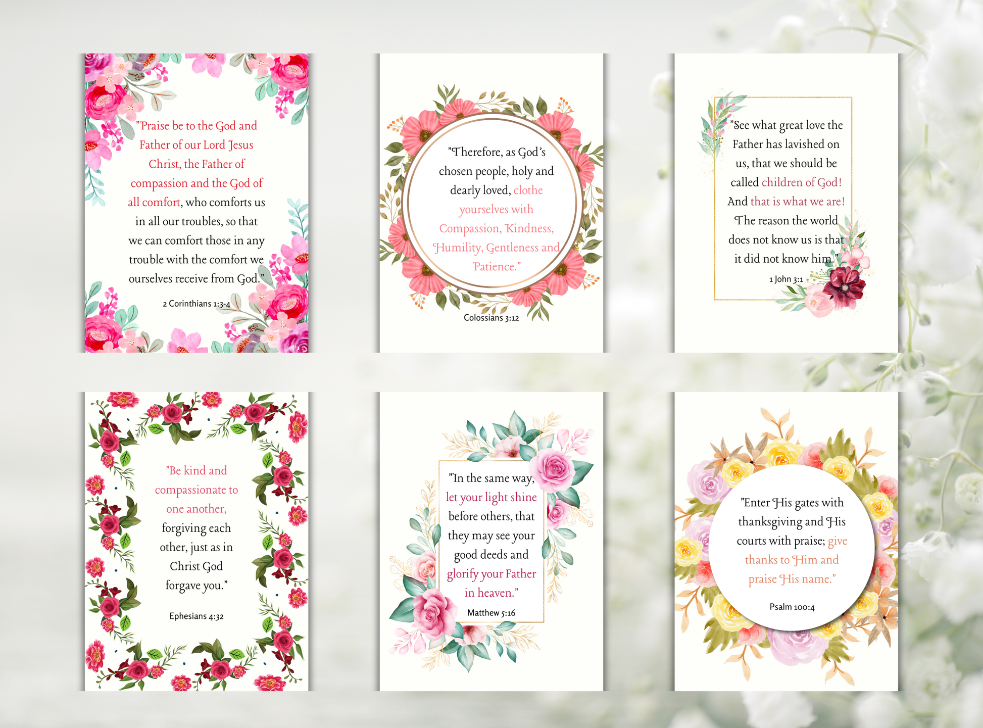 Collection of 50 printable Christian wall decor designs for women, featuring inspirational Bible verses and feminine floral designs