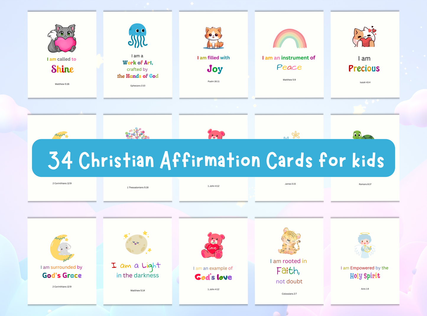 34 Christian affirmation cards for kids, offering uplifting Bible verses and empowering messages for children’s spiritual growth.