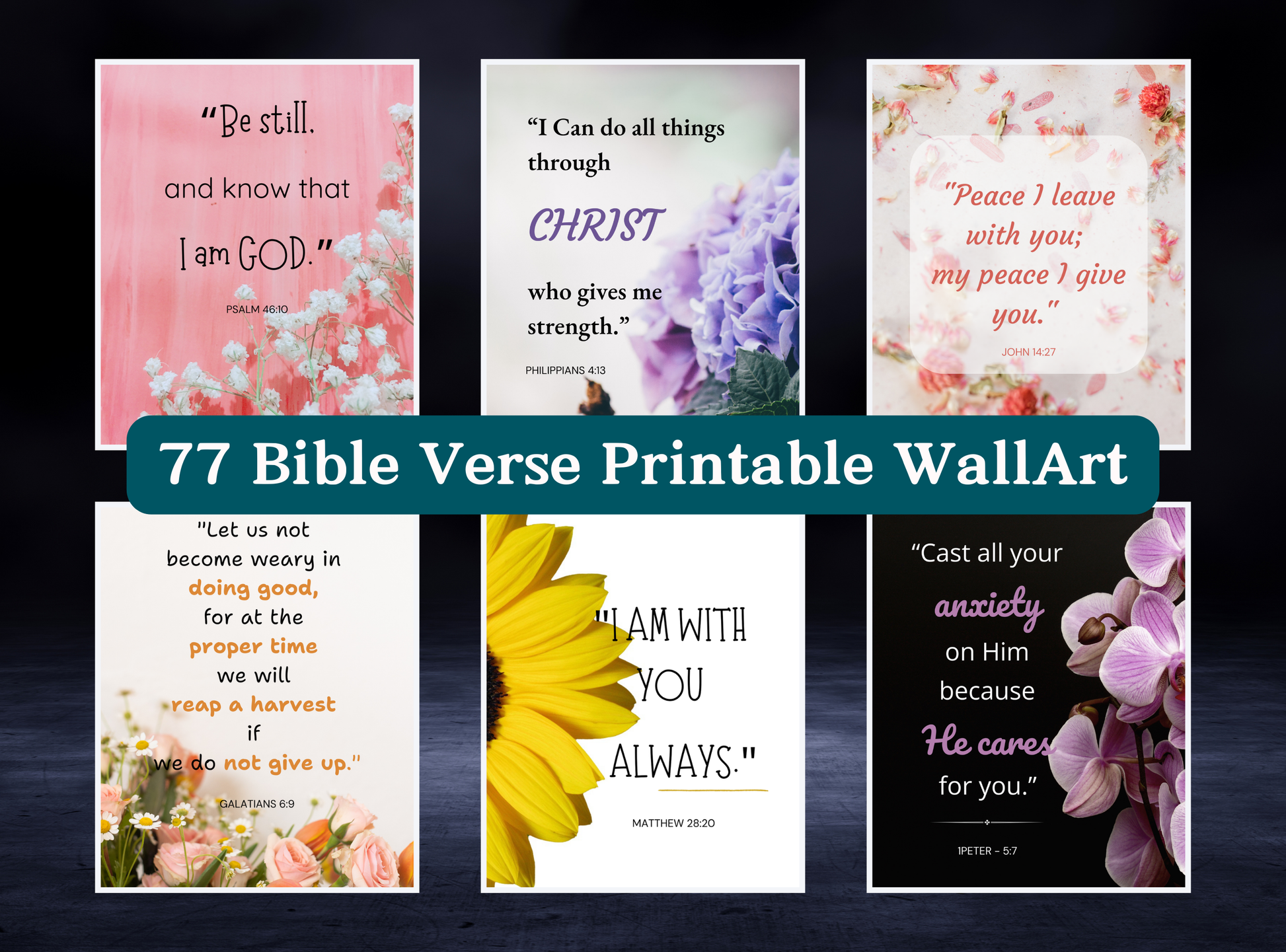 Set of 77 Bible verse printable wall art designs for home or office decor, featuring uplifting Christian quotes and scripture verses