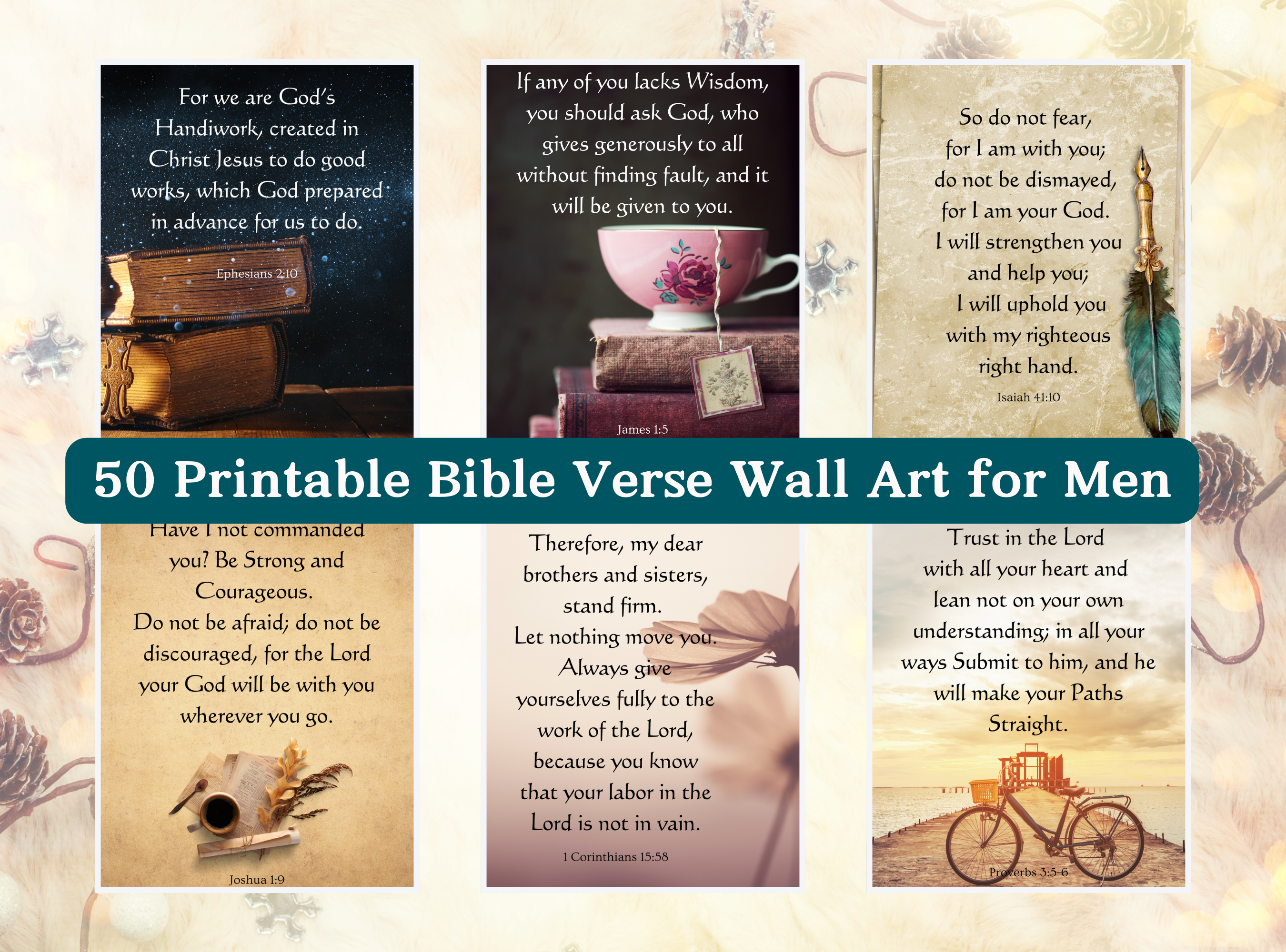 Set of 50 printable Bible verse wall art designs for men, showcasing motivational scripture in Wonderful Vintage Theme Designs.