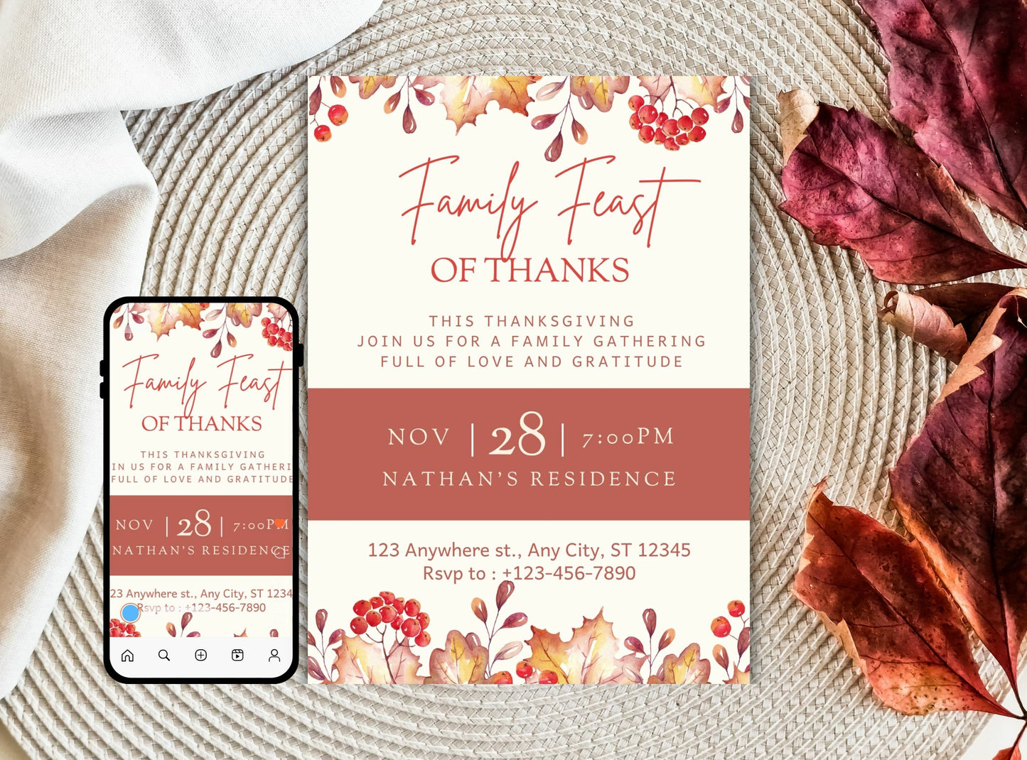 Editable Thanksgiving Invitation Template 2 | Custom Canva Design for Family