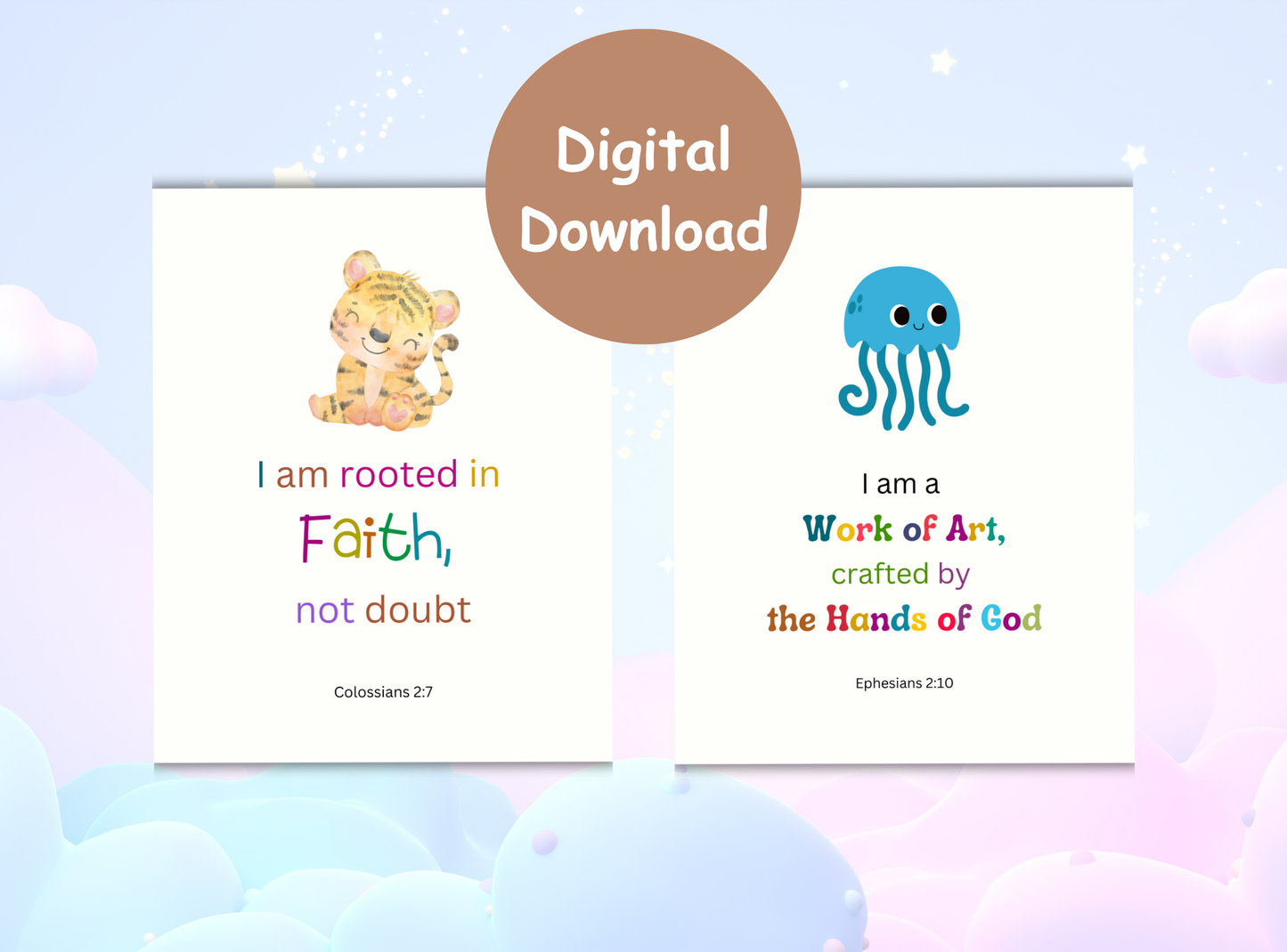 34 Christian affirmation cards for kids, offering uplifting Bible verses and empowering messages for children’s spiritual growth.