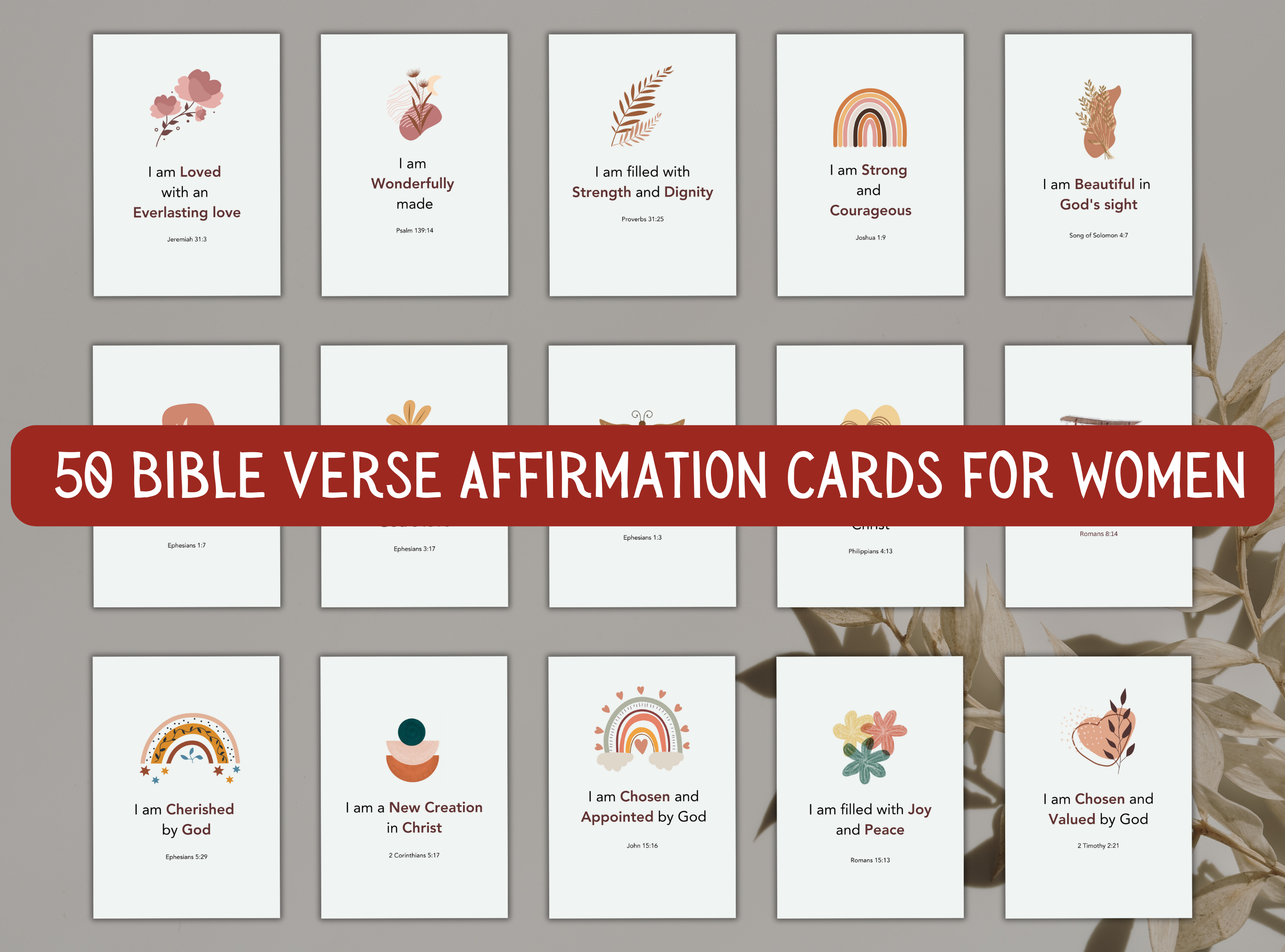 50 Bible verse affirmation cards for women, featuring encouraging scripture to boost spiritual growth and positivity, with Beautiful boho elements.