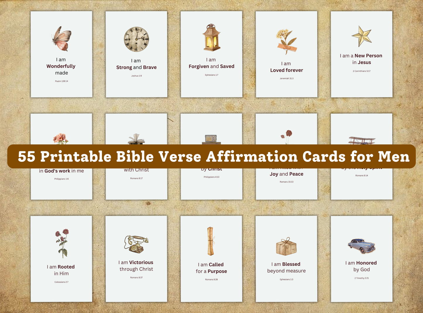 55 printable Bible verse affirmation cards for men, designed to inspire confidence and faith through motivational scripture