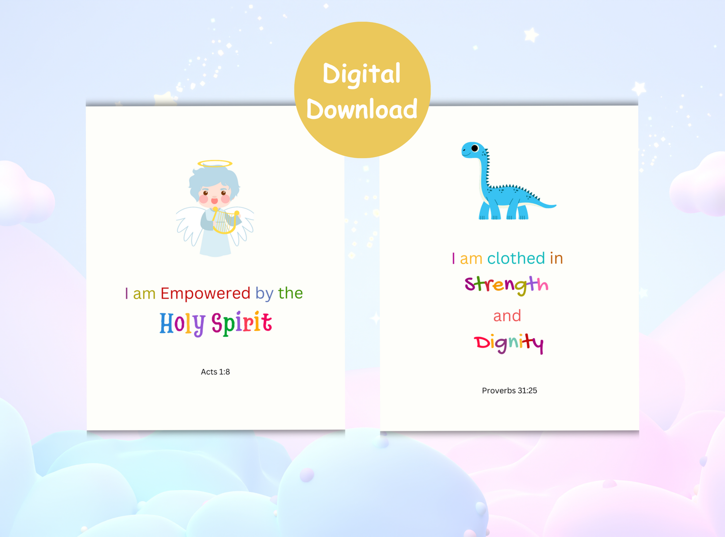 34 Christian affirmation cards for kids, offering uplifting Bible verses and empowering messages for children’s spiritual growth.