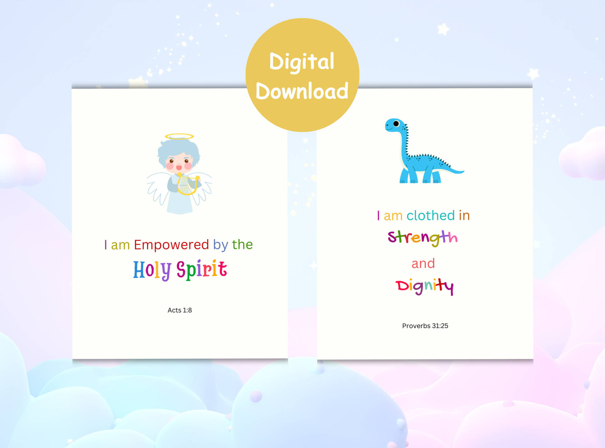 34 Christian affirmation cards for kids, offering uplifting Bible verses and empowering messages for children’s spiritual growth.