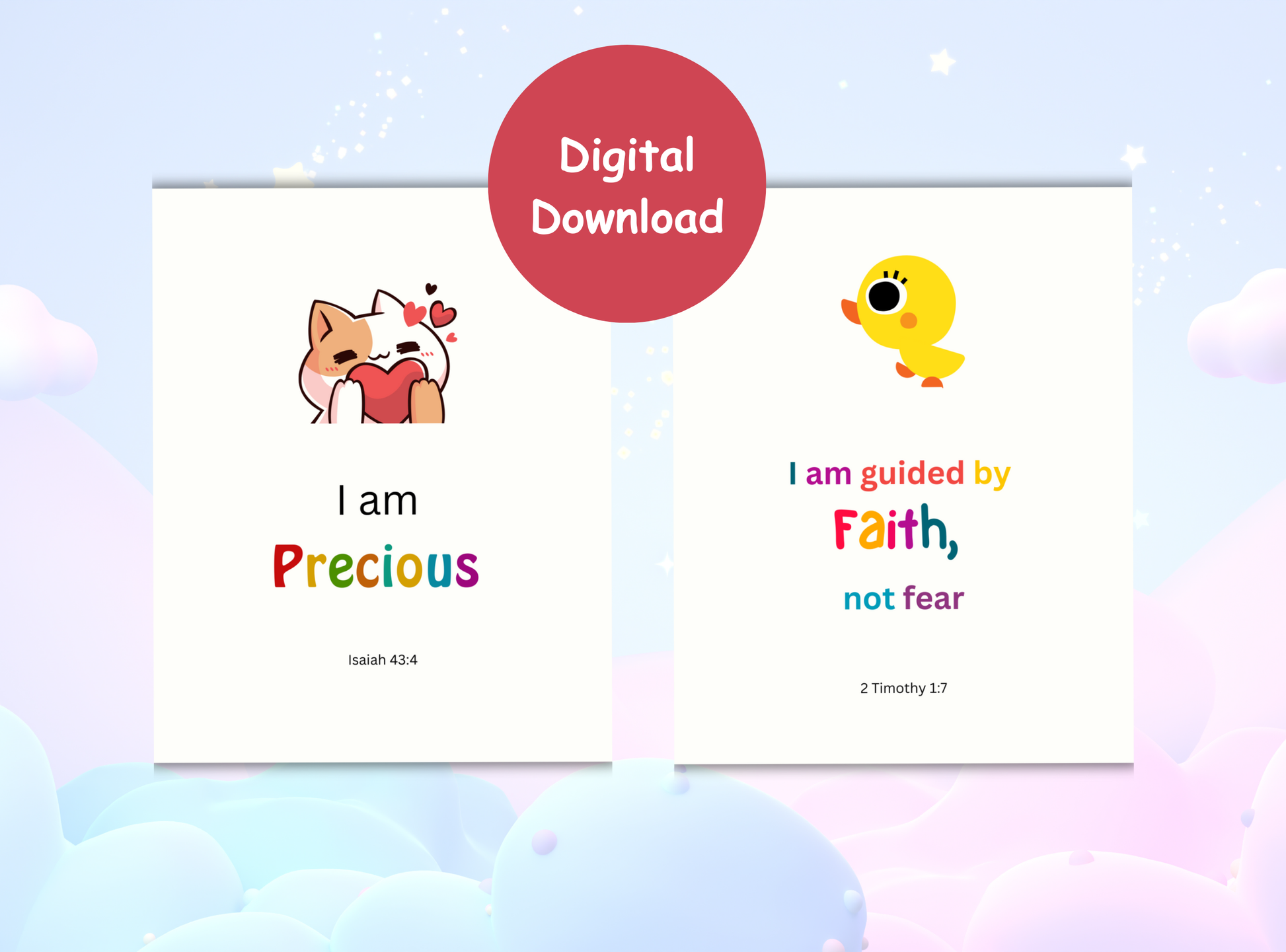 34 Christian affirmation cards for kids, offering uplifting Bible verses and empowering messages for children’s spiritual growth.