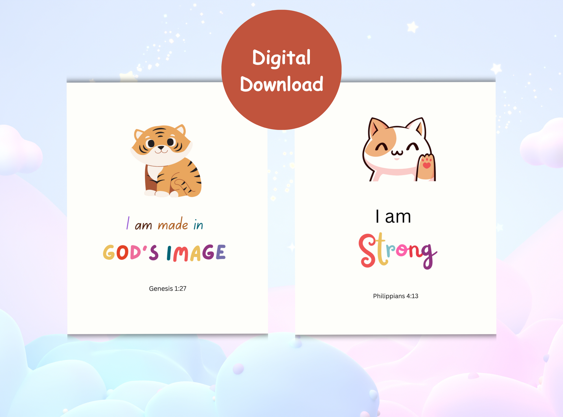 34 Christian affirmation cards for kids, offering uplifting Bible verses and empowering messages for children’s spiritual growth.