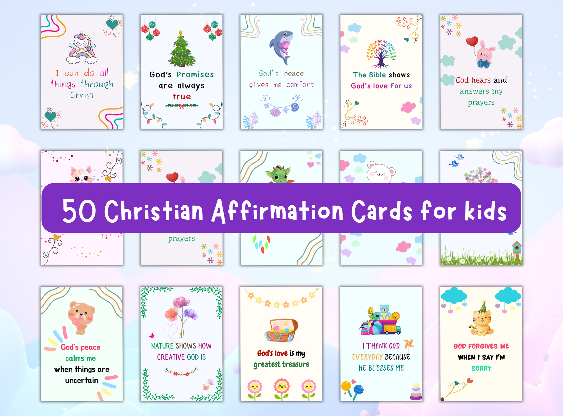 50 Christian affirmation cards for kids, with fun designs and Bible verses to build self-esteem and faith.