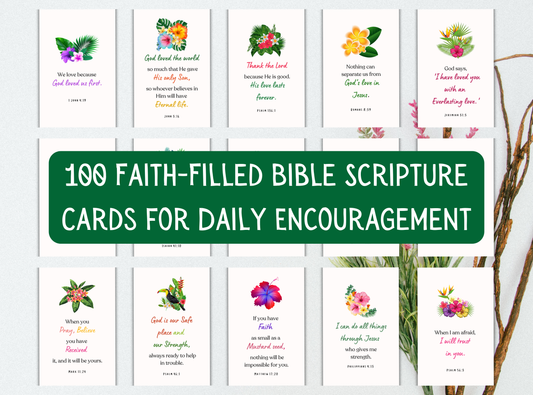 100 faith-filled Bible scripture cards offering daily encouragement with powerful, uplifting verses for personal inspiration.