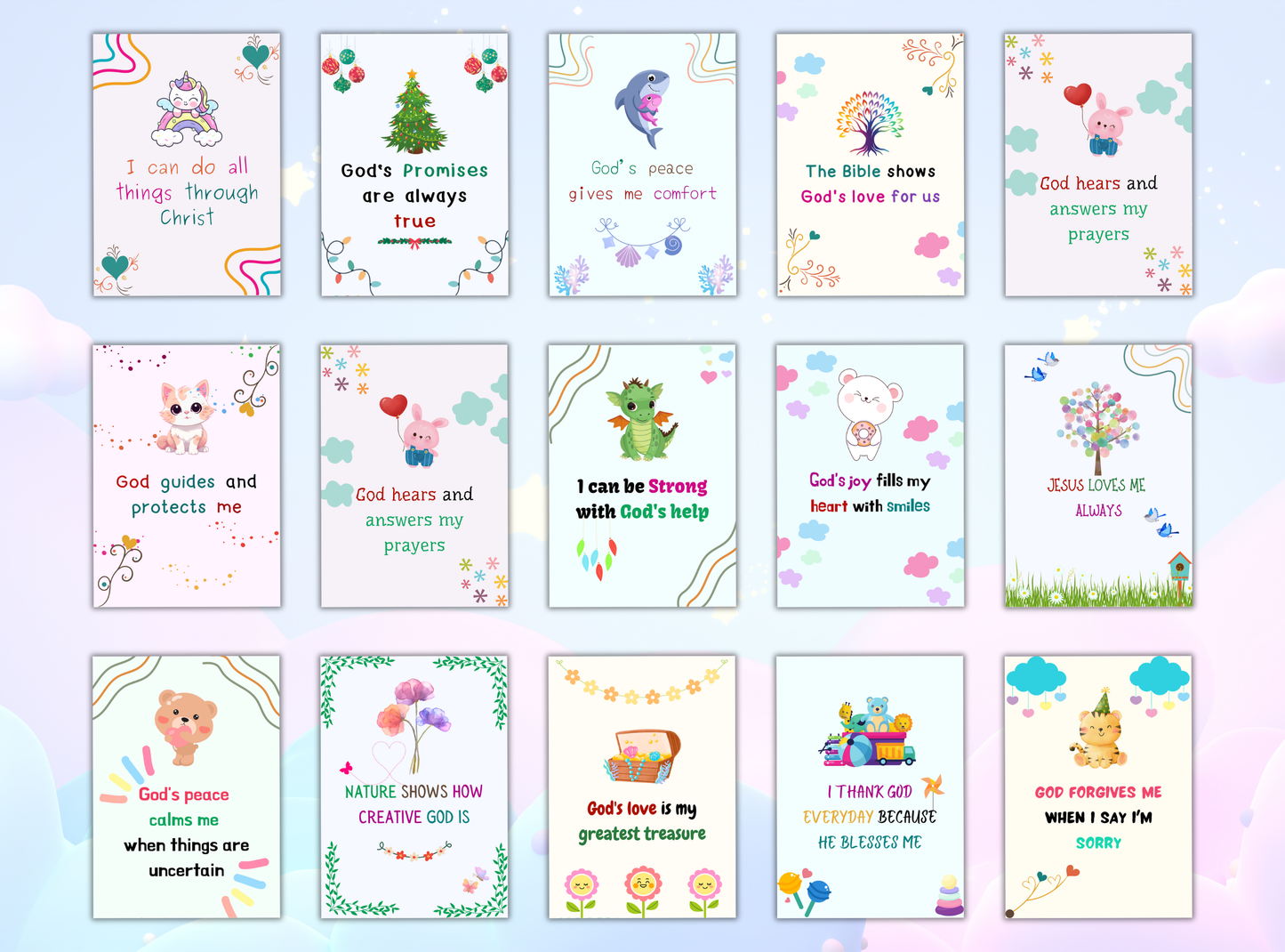 50 Christian affirmation cards for kids, with fun designs and Bible verses to build self-esteem and faith.