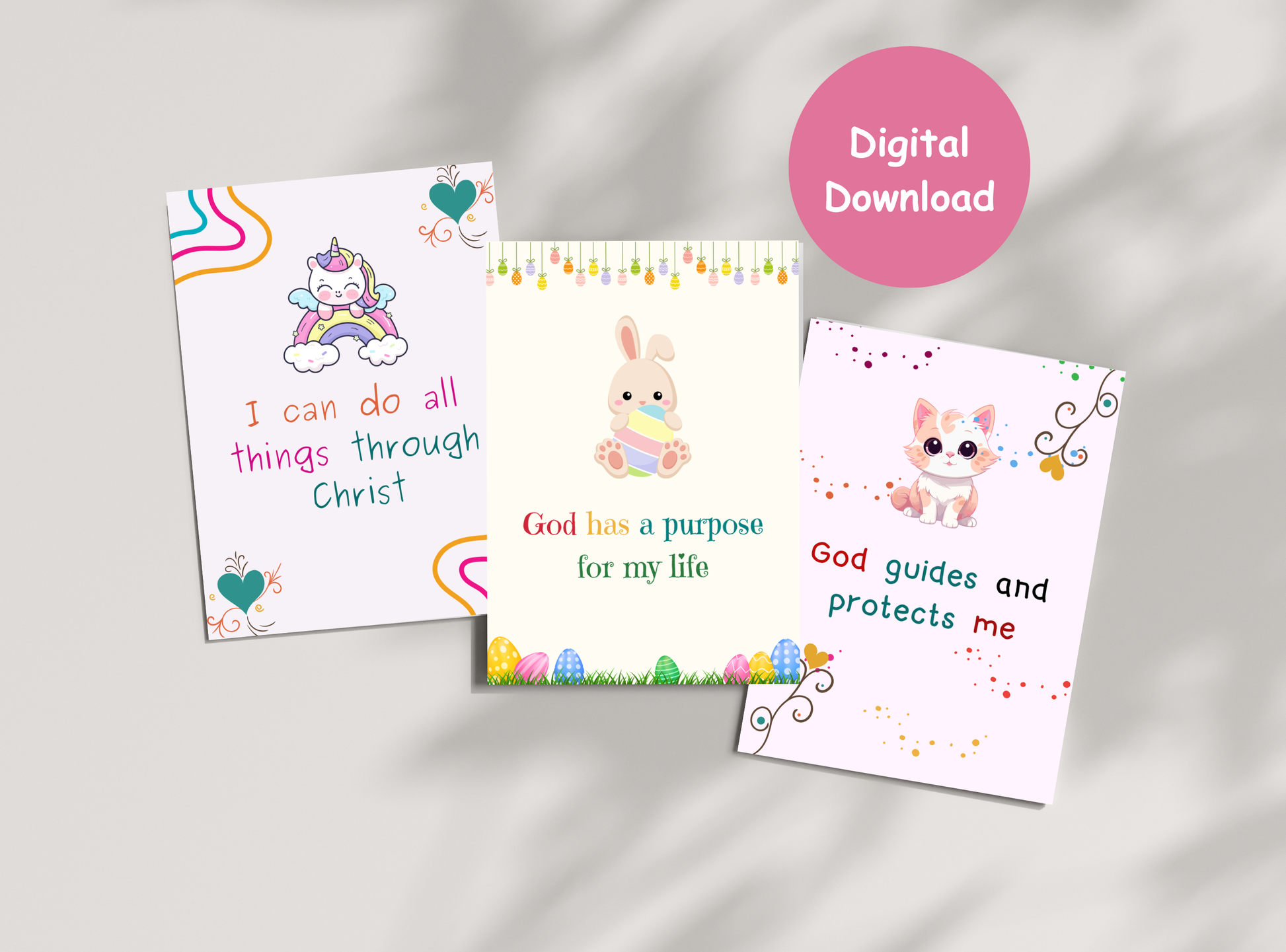 50 Christian affirmation cards for kids, with fun designs and Bible verses to build self-esteem and faith.