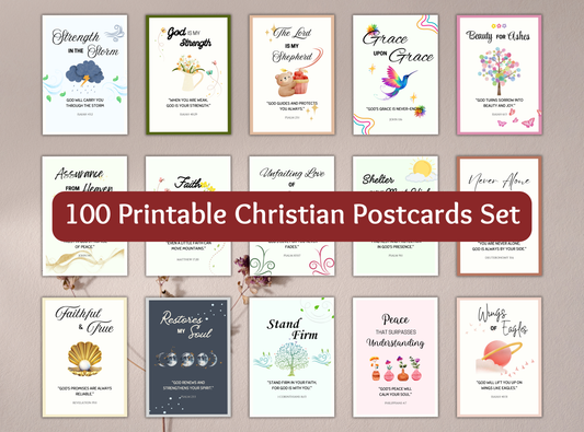 Set of 100 printable Christian postcards featuring inspiring Bible verses and beautiful designs, perfect for sending encouragement or gifts.