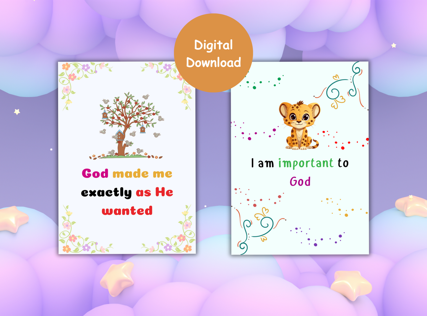 50 Christian affirmation cards for kids, with fun designs and Bible verses to build self-esteem and faith.