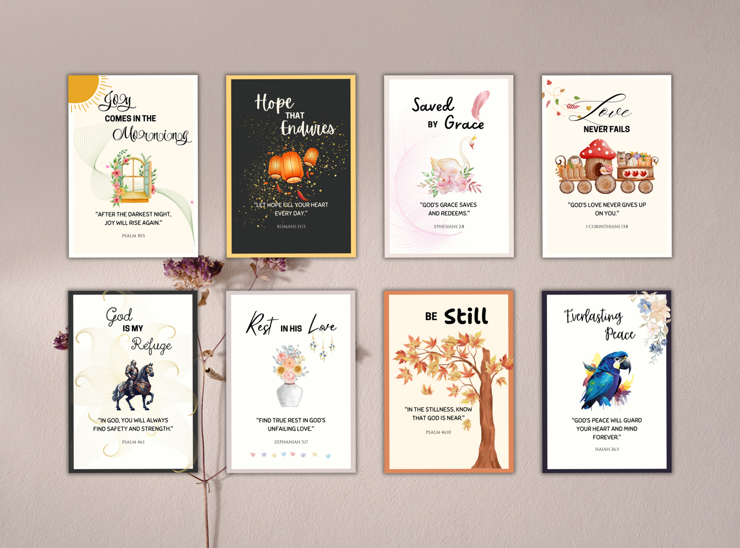 Set of 100 printable Christian postcards featuring inspiring Bible verses and beautiful designs, perfect for sending encouragement or gifts.