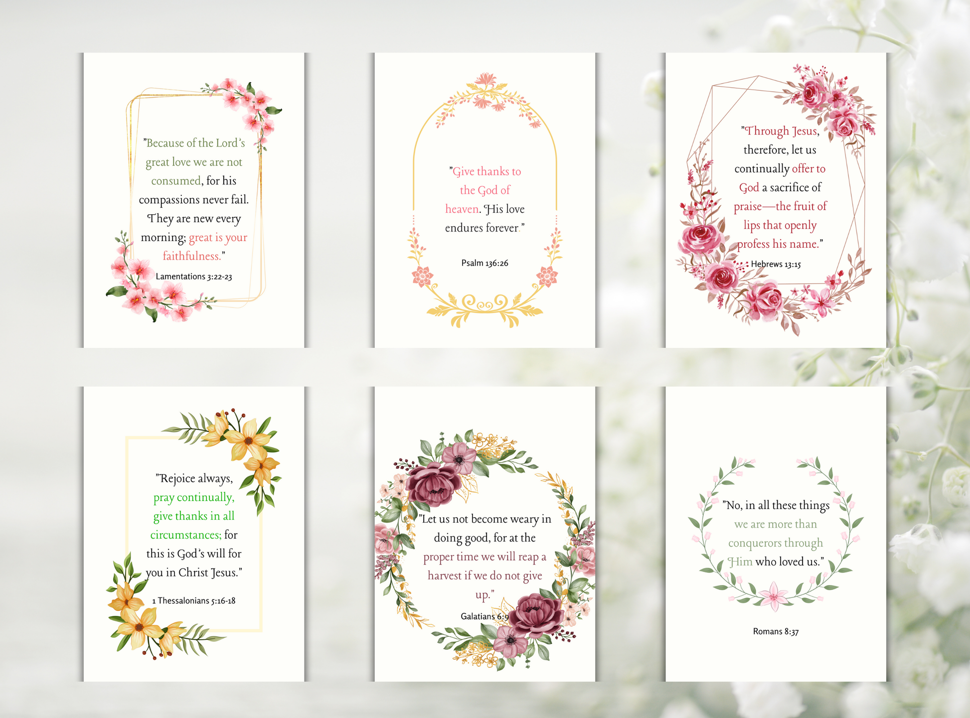 Collection of 50 printable Christian wall decor designs for women, featuring inspirational Bible verses and feminine floral designs