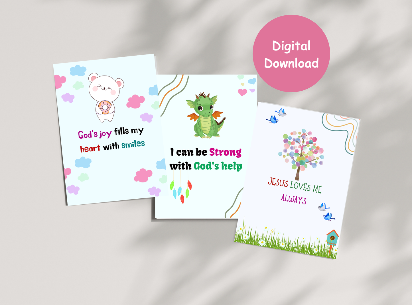 50 Christian affirmation cards for kids, with fun designs and Bible verses to build self-esteem and faith.