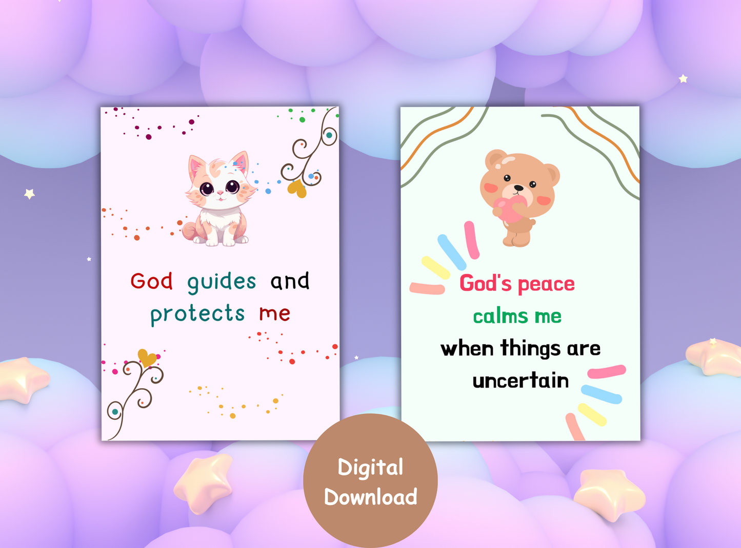 50 Christian affirmation cards for kids, with fun designs and Bible verses to build self-esteem and faith.