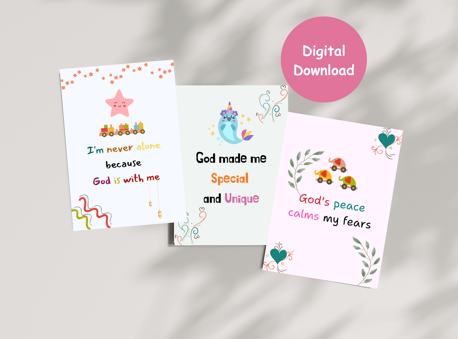 50 Christian affirmation cards for kids, with fun designs and Bible verses to build self-esteem and faith.