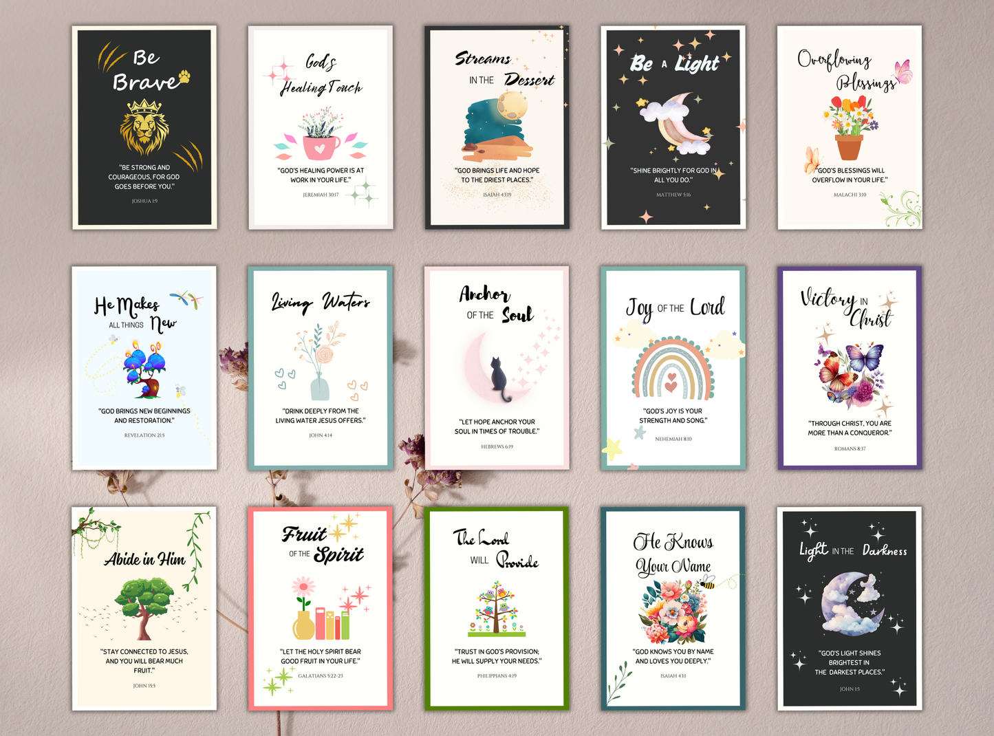 Set of 100 printable Christian postcards featuring inspiring Bible verses and beautiful designs, perfect for sending encouragement or gifts.