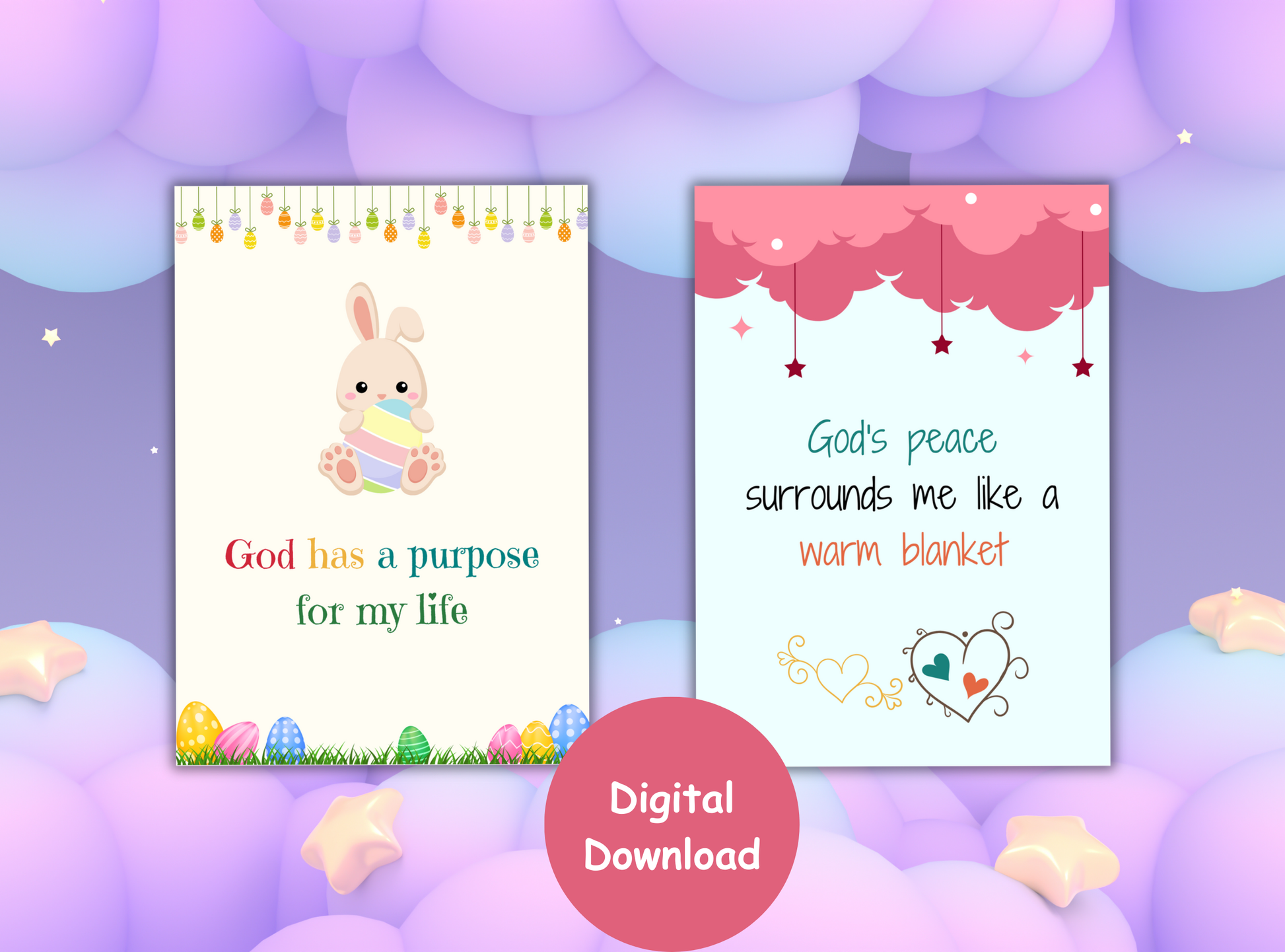 50 Christian affirmation cards for kids, with fun designs and Bible verses to build self-esteem and faith.