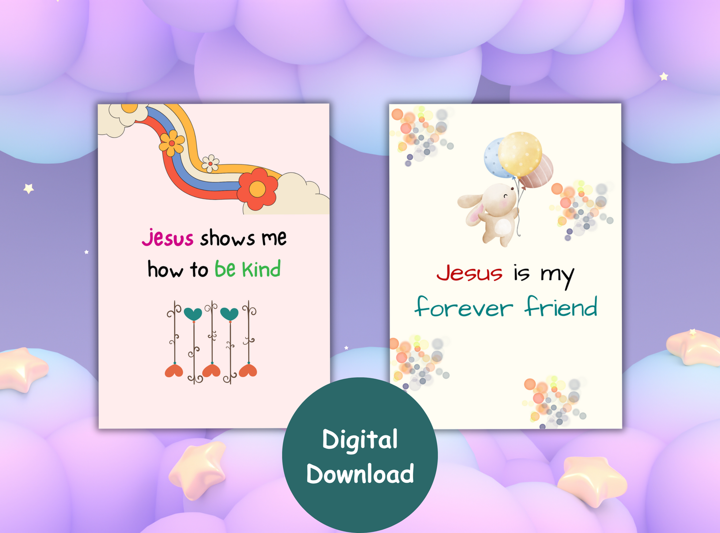 50 Christian affirmation cards for kids, with fun designs and Bible verses to build self-esteem and faith.