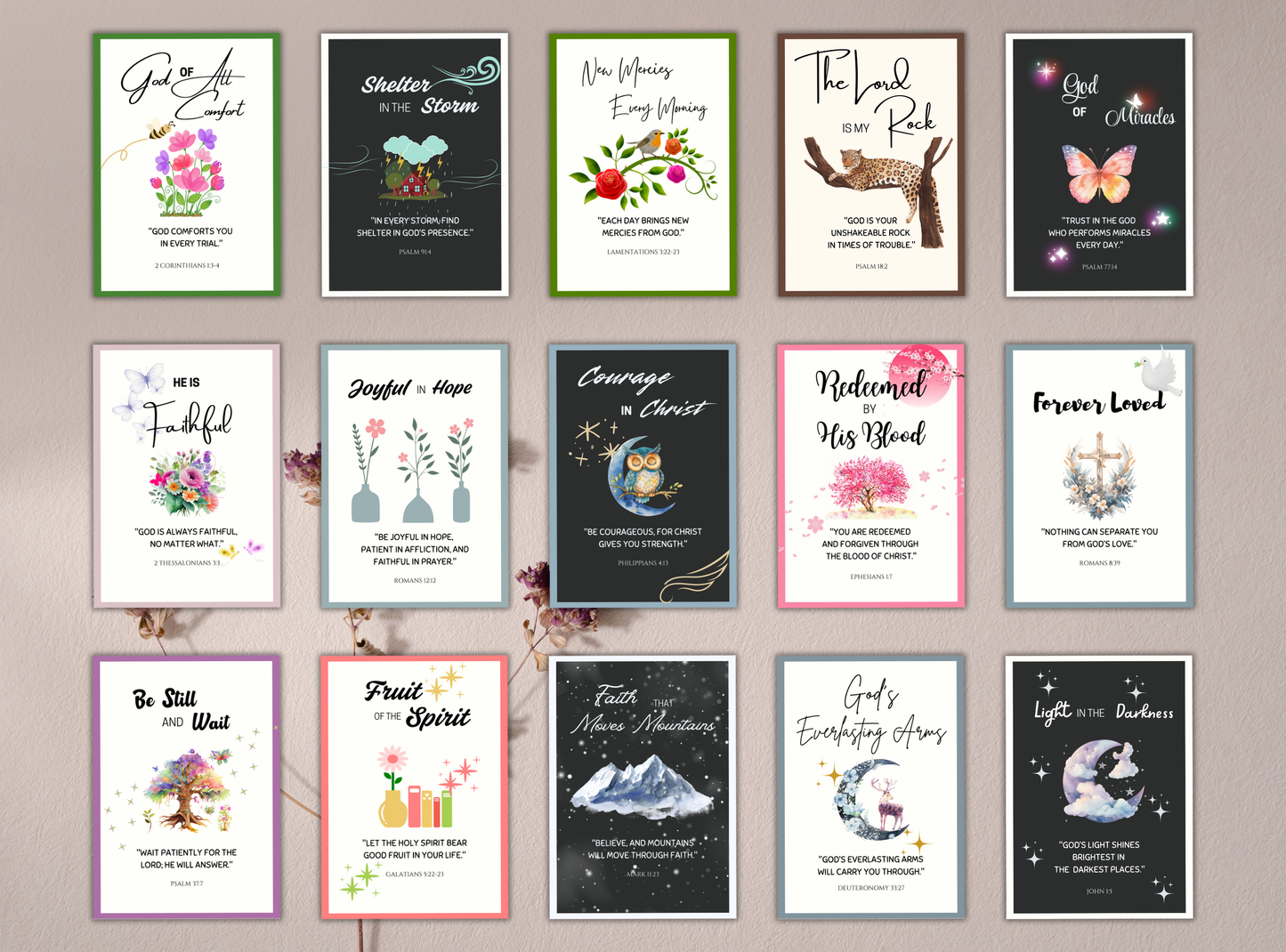 Set of 100 printable Christian postcards featuring inspiring Bible verses and beautiful designs, perfect for sending encouragement or gifts.