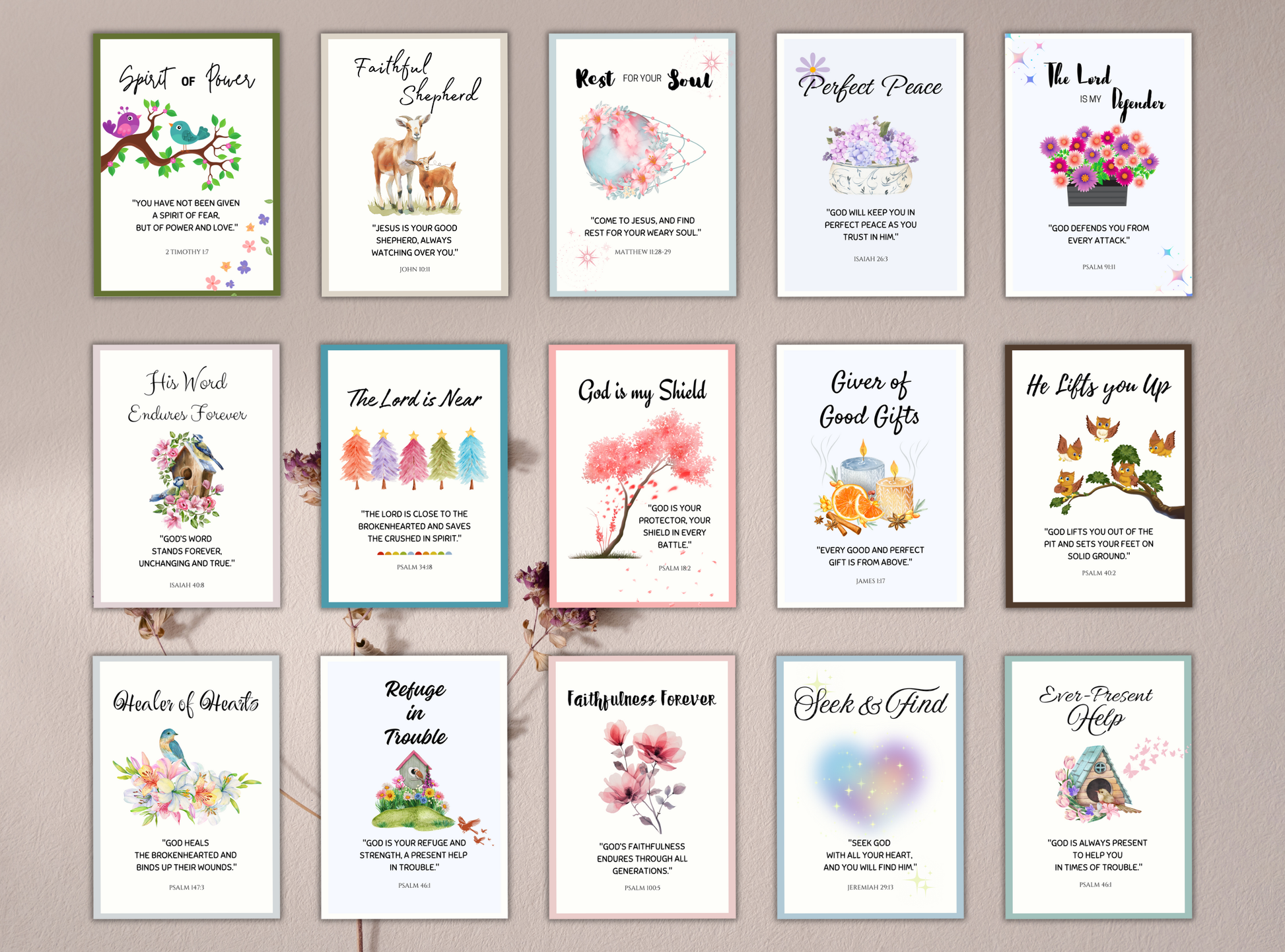 Set of 100 printable Christian postcards featuring inspiring Bible verses and beautiful designs, perfect for sending encouragement or gifts.