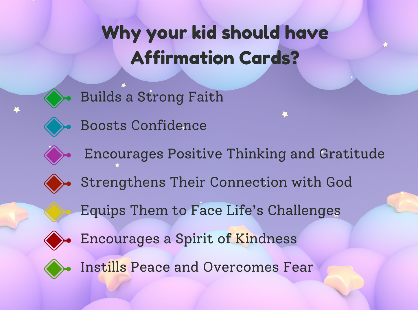 50 Christian affirmation cards for kids, with fun designs and Bible verses to build self-esteem and faith.