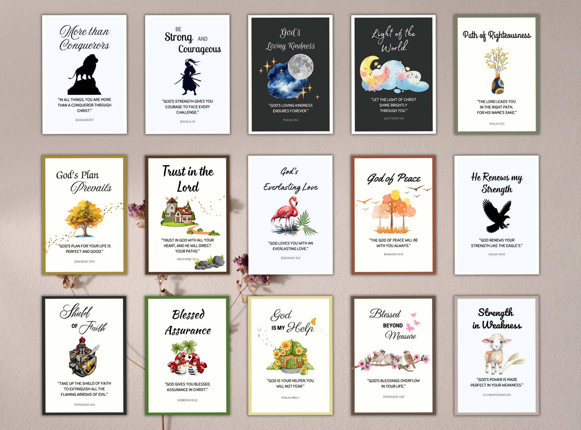 Set of 100 printable Christian postcards featuring inspiring Bible verses and beautiful designs, perfect for sending encouragement or gifts.