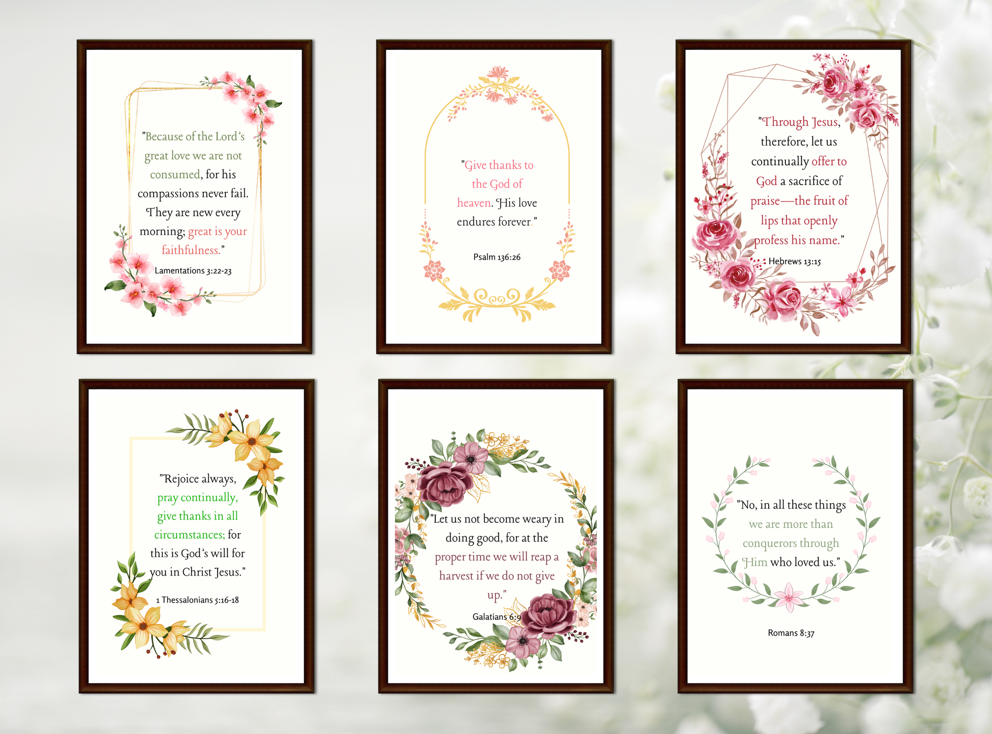 Collection of 50 printable Christian wall decor designs for women, featuring inspirational Bible verses and feminine floral designs