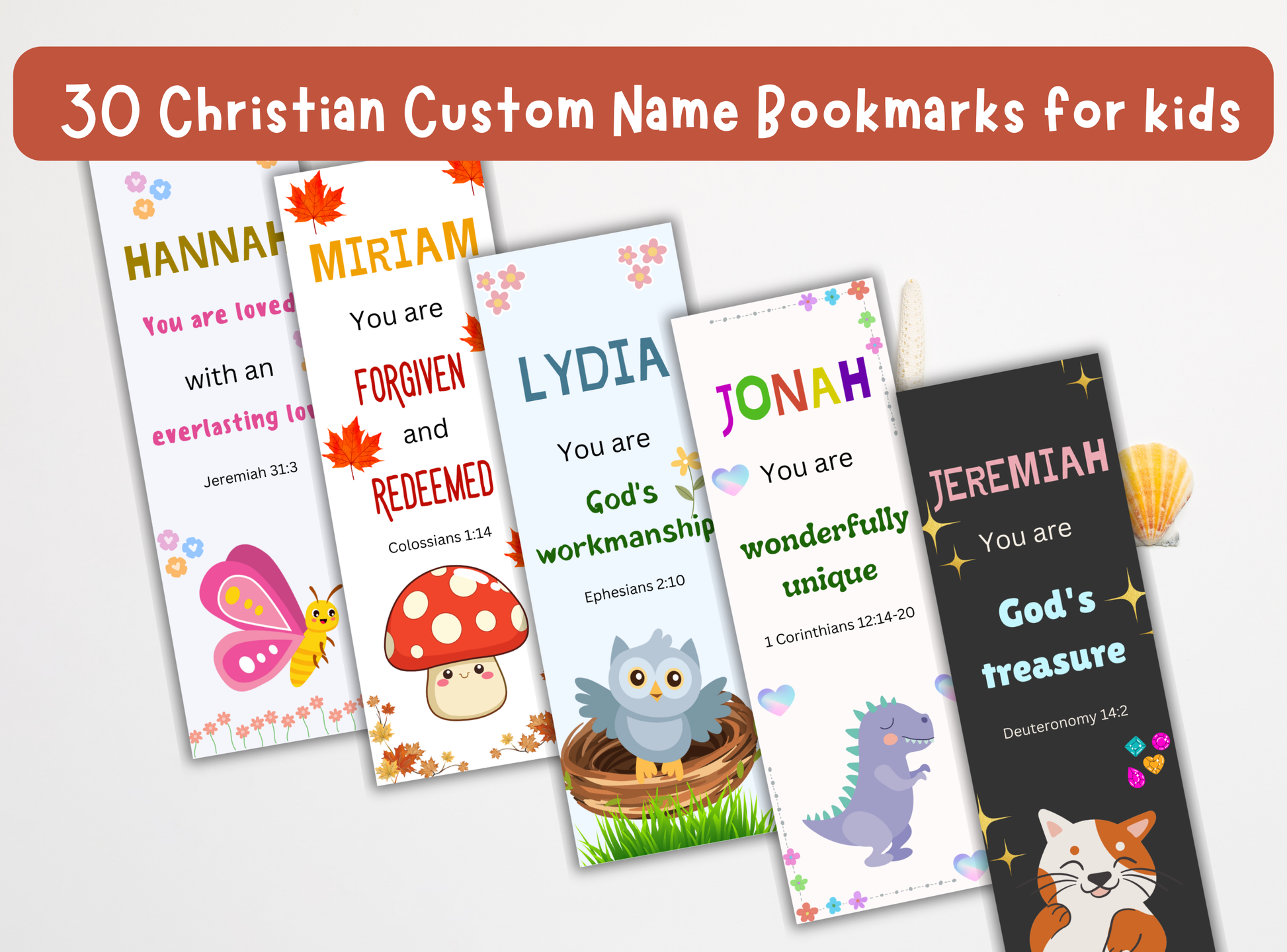 30 Christian custom name bookmarks for kids, featuring playful designs and Bible verses, a great way to encourage young readers.