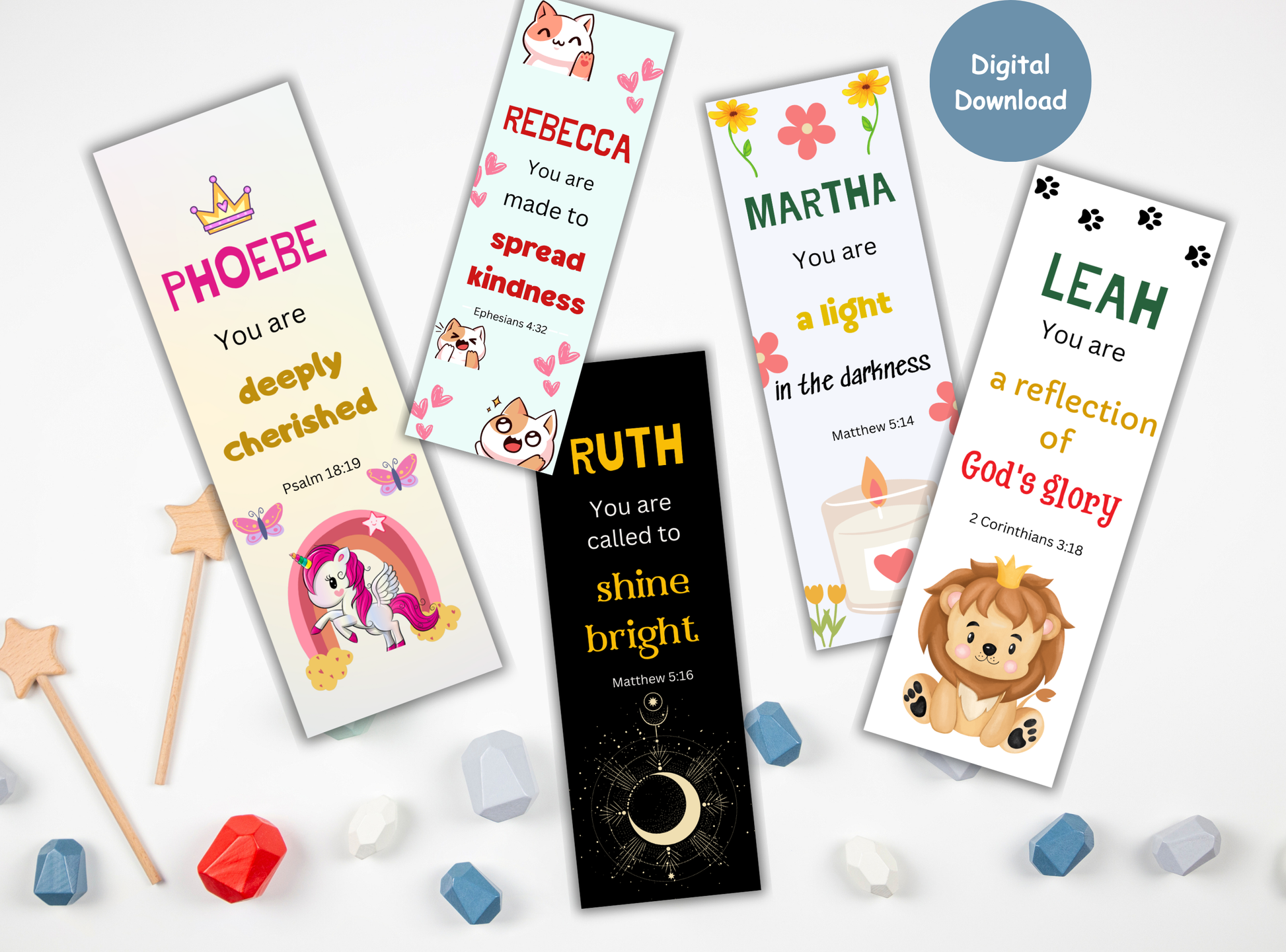 30 Christian custom name bookmarks for kids, featuring playful designs and Bible verses, a great way to encourage young readers.