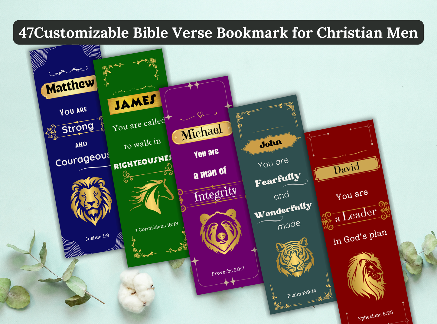 47 customizable Bible verse bookmarks for Christian men, featuring scripture and name personalization for a unique spiritual gift.