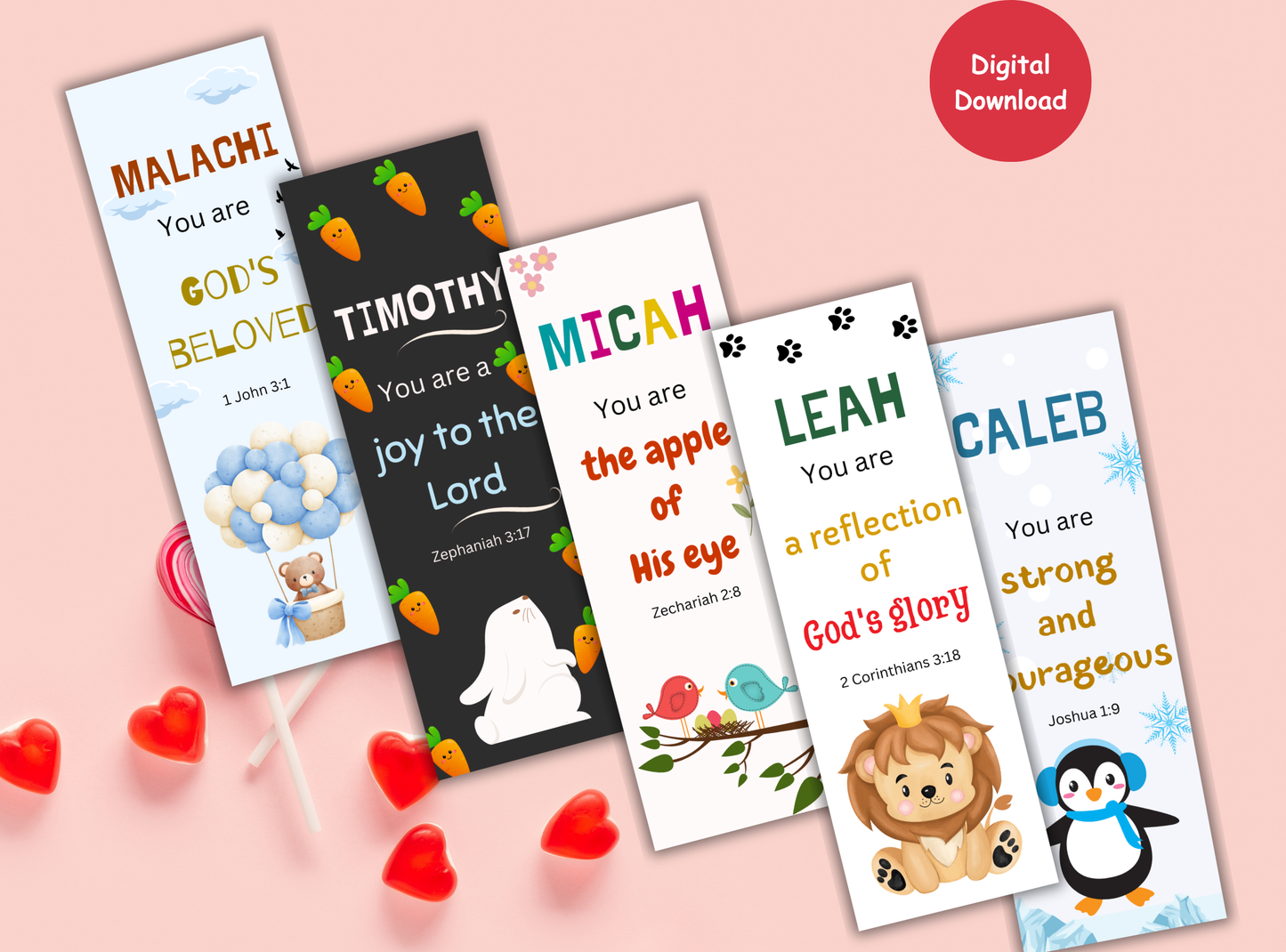 30 Christian custom name bookmarks for kids, featuring playful designs and Bible verses, a great way to encourage young readers.