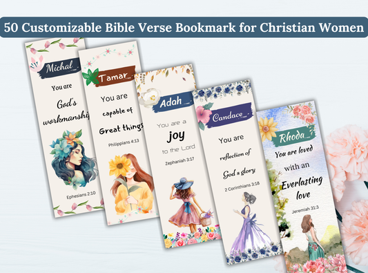 50 customizable Bible verse bookmarks for women, with beautiful Christian quotes and name personalization, perfect for Bible study and Groups.