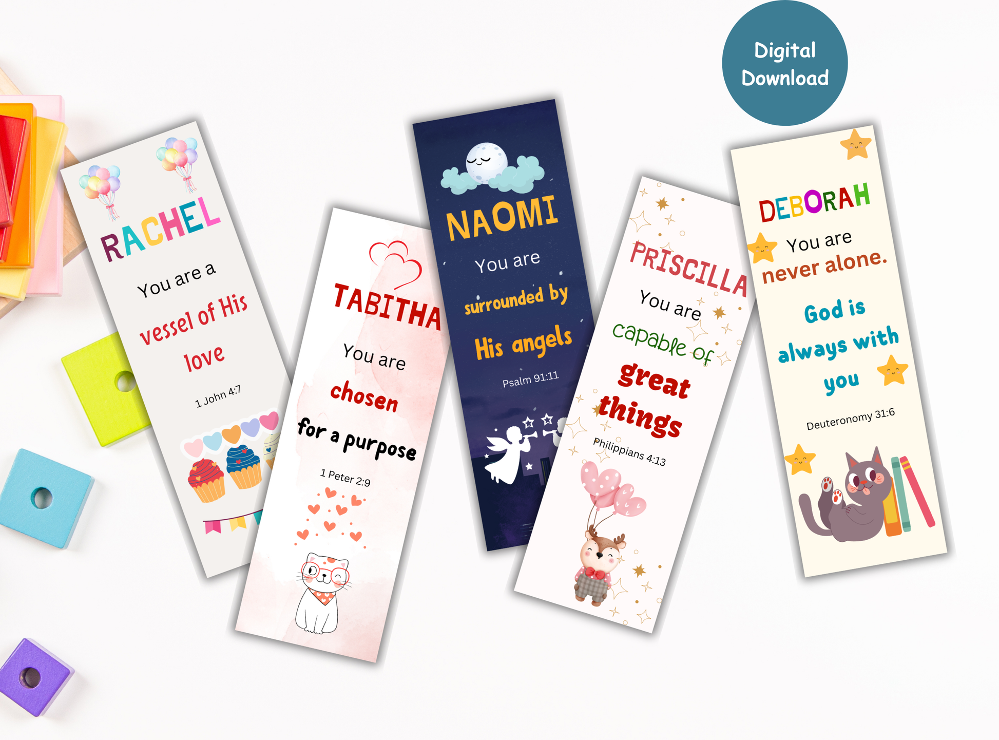 30 Christian custom name bookmarks for kids, featuring playful designs and Bible verses, a great way to encourage young readers.