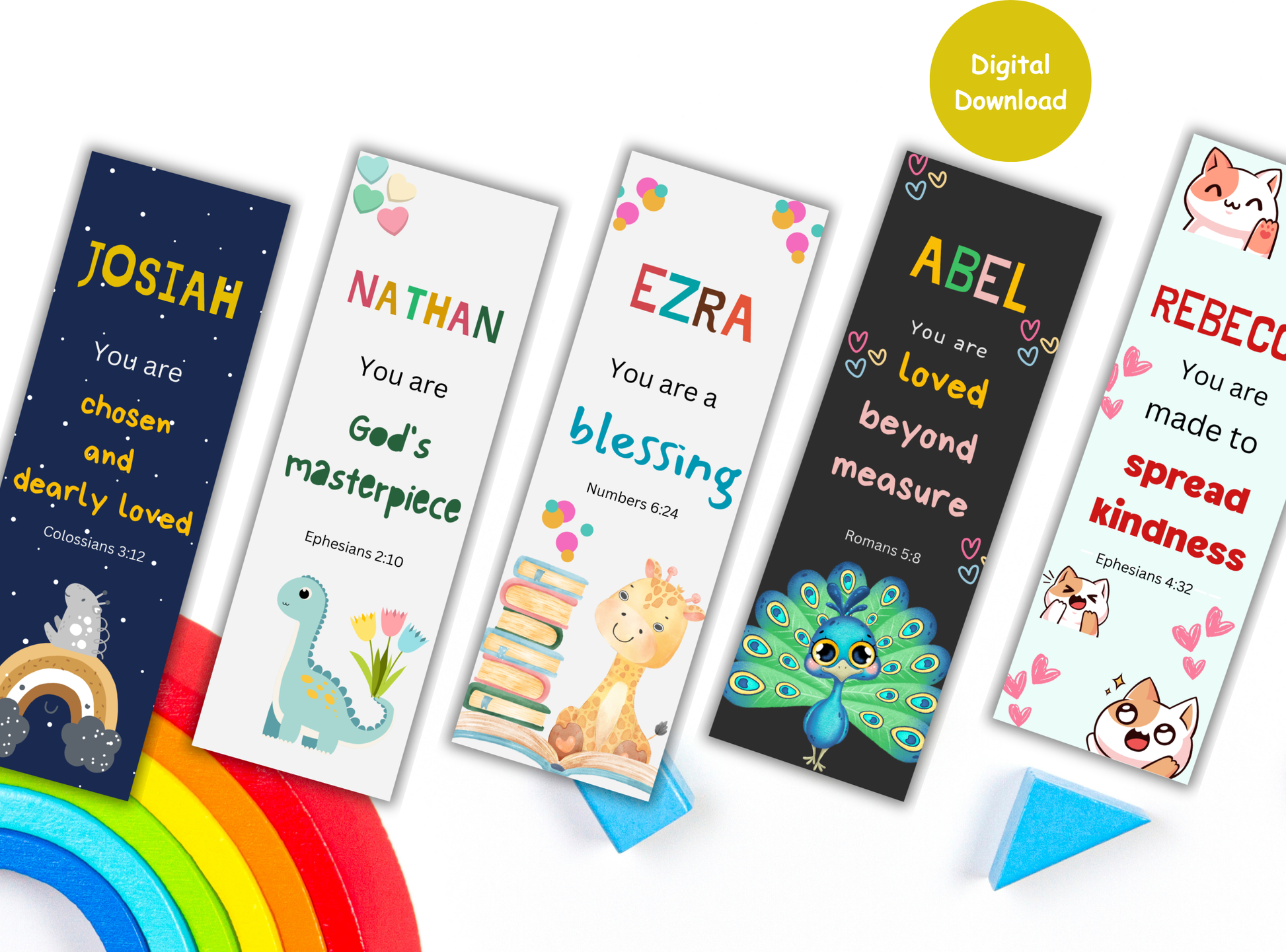 30 Christian custom name bookmarks for kids, featuring playful designs and Bible verses, a great way to encourage young readers.