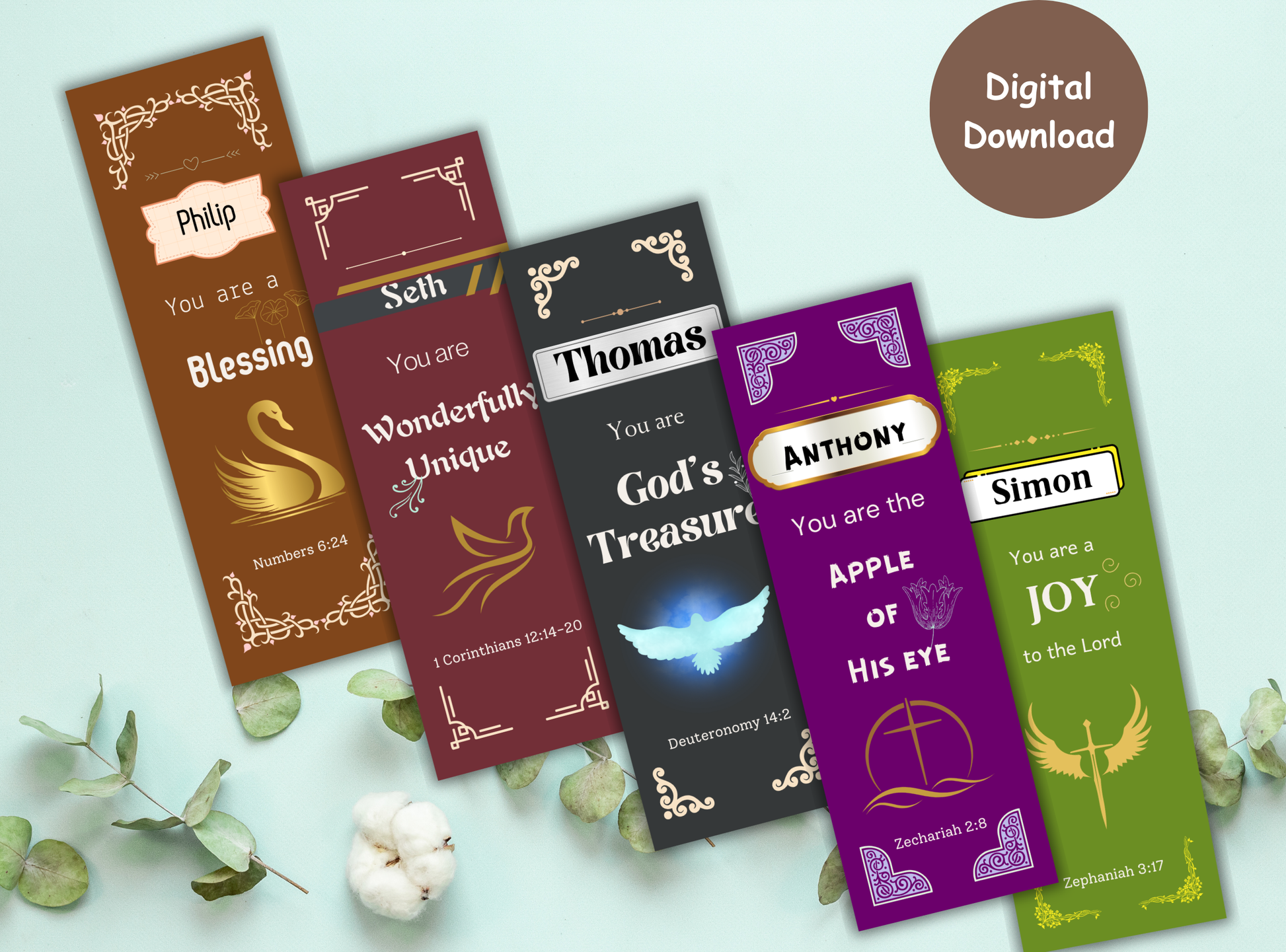 47 customizable Bible verse bookmarks for Christian men, featuring scripture and name personalization for a unique spiritual gift.