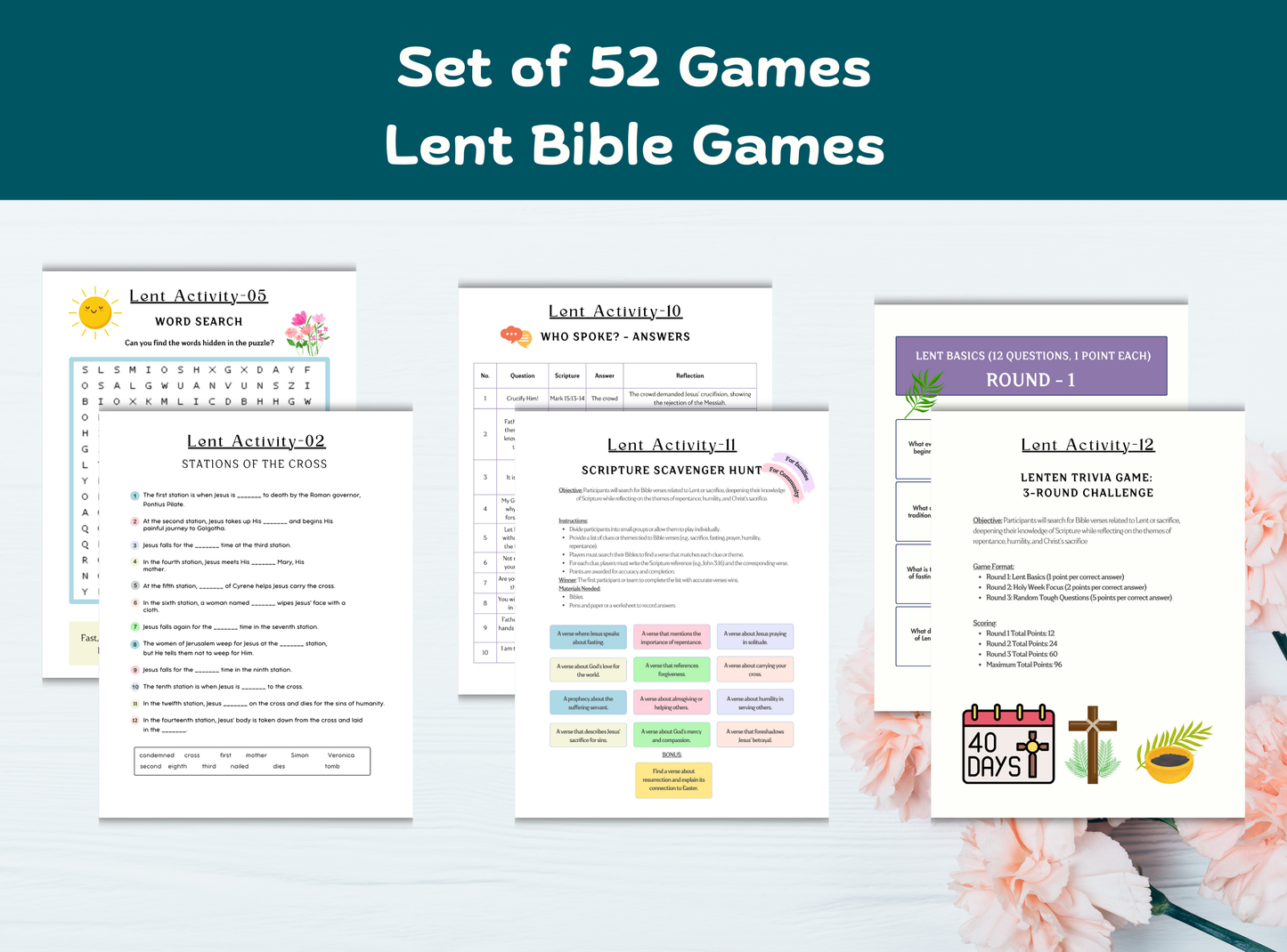 Set of 52 Printable Lent Bible Games | Christian Group/ Family Activities