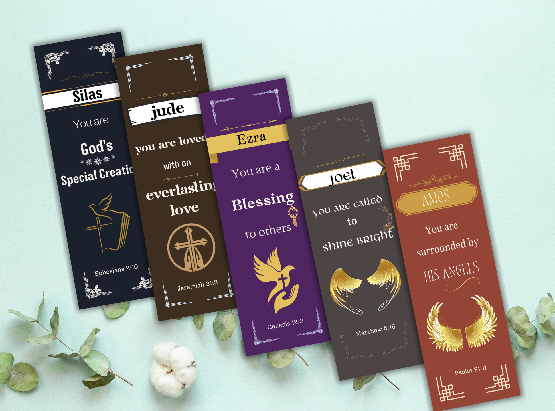 47 customizable Bible verse bookmarks for Christian men, featuring scripture and name personalization for a unique spiritual gift.