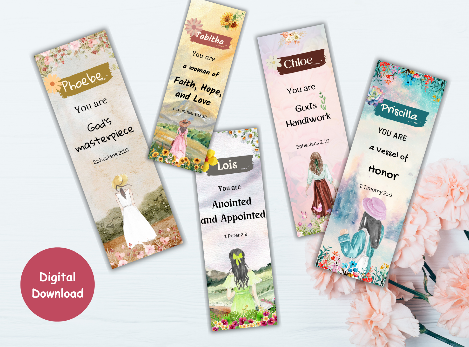 50 customizable Bible verse bookmarks for women, with beautiful Christian quotes and name personalization, perfect for Bible study and Groups.