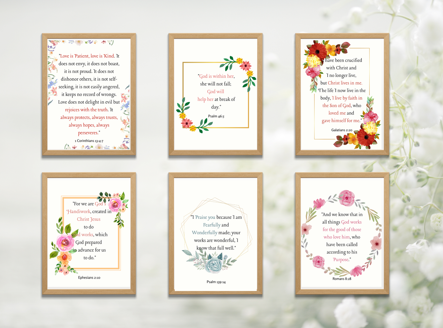 Collection of 50 printable Christian wall decor designs for women, featuring inspirational Bible verses and feminine floral designs